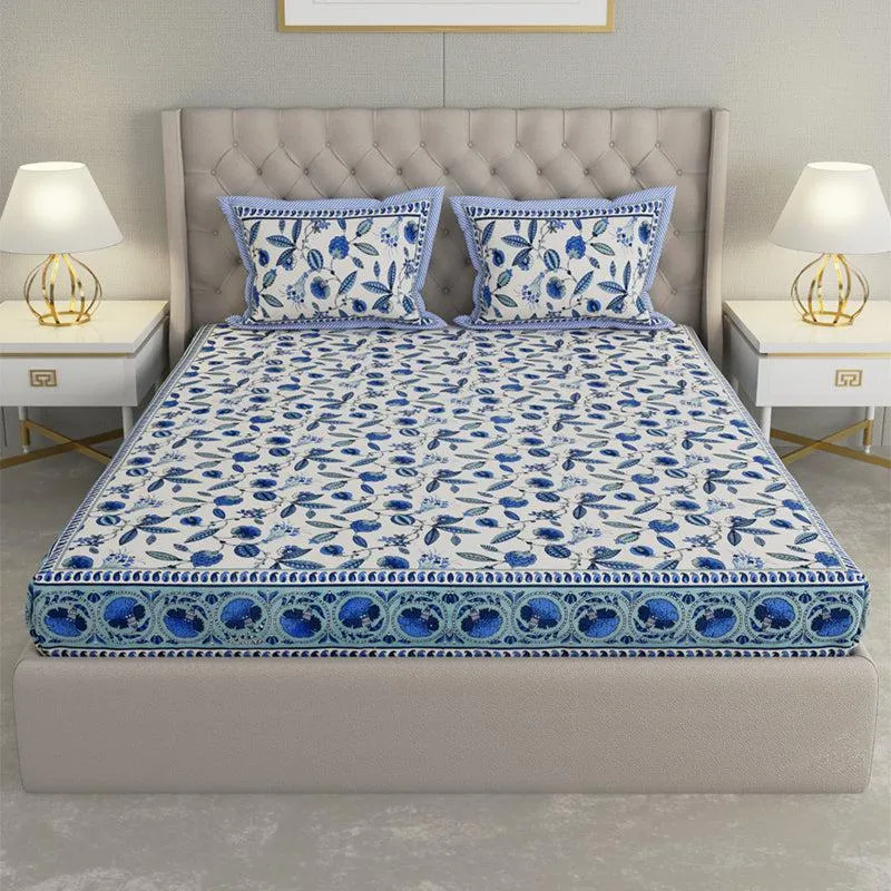 Suvarna Printed Cotton Bedsheet (Blue) - 240 TC media 1