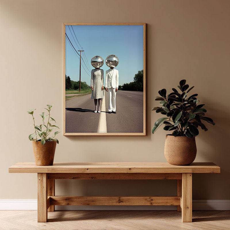 The Disco Couple Archival Canvas Wall Art - Natural Brown Frame