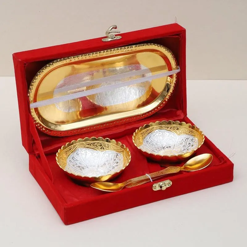 Kumudini Light Gold Bowl With Spoon & Tray (100 ML) - Five Piece Set media 1