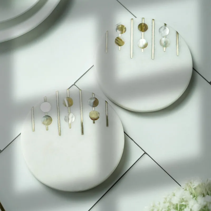 Pearl Charm Marble Coaster With Brass Inlay (White) - Set Of Two media 5