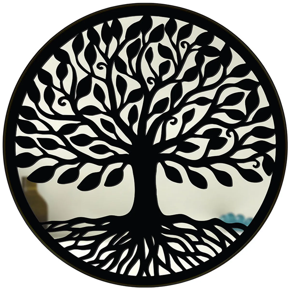 Front view of round black tree motif decorative wall mirror