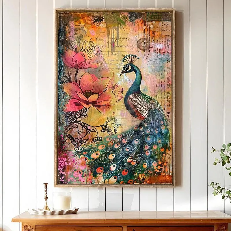 Peacock & Petals Canvas Traditional Wall Art With Frame media 1