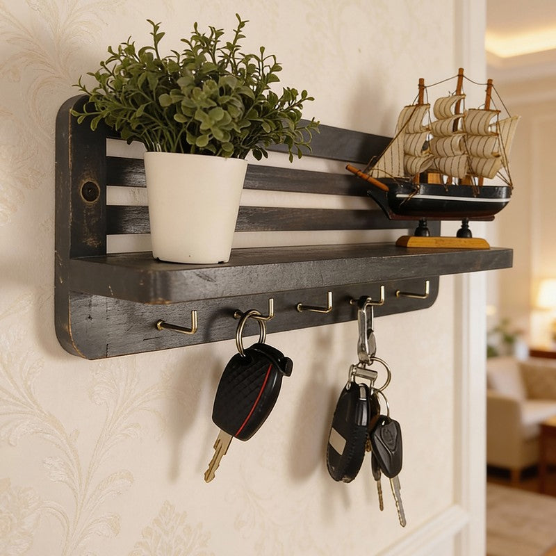Sairandhri Wooden Wall Shelf Organiser with Key Holders