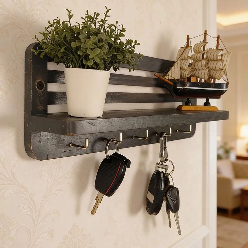 Sairandhri Wooden Wall Shelf Organiser with Key Holders media 1