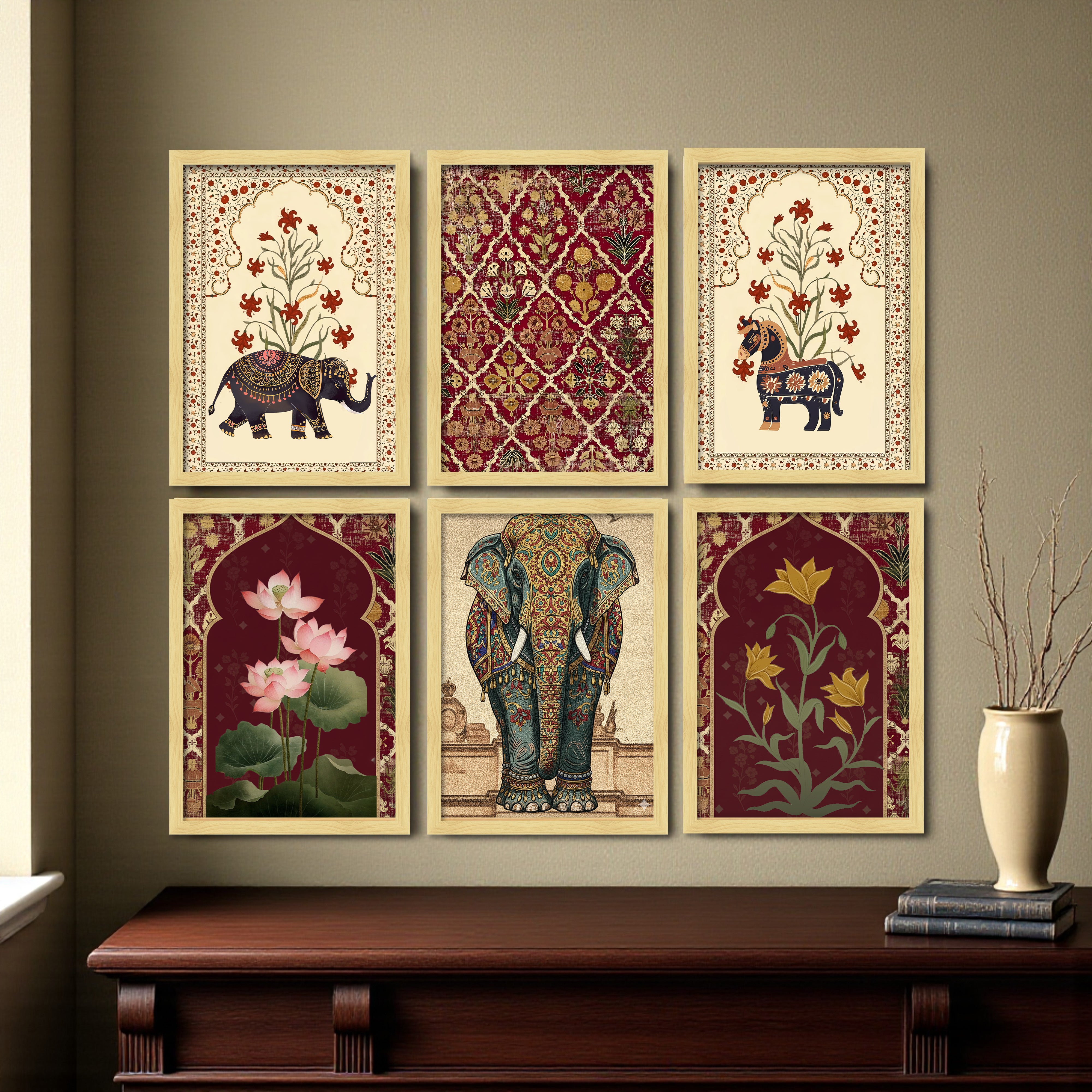 Elephant Motif Ethnic Paper Wall Painting Set With Frame - Set Of Six media 3