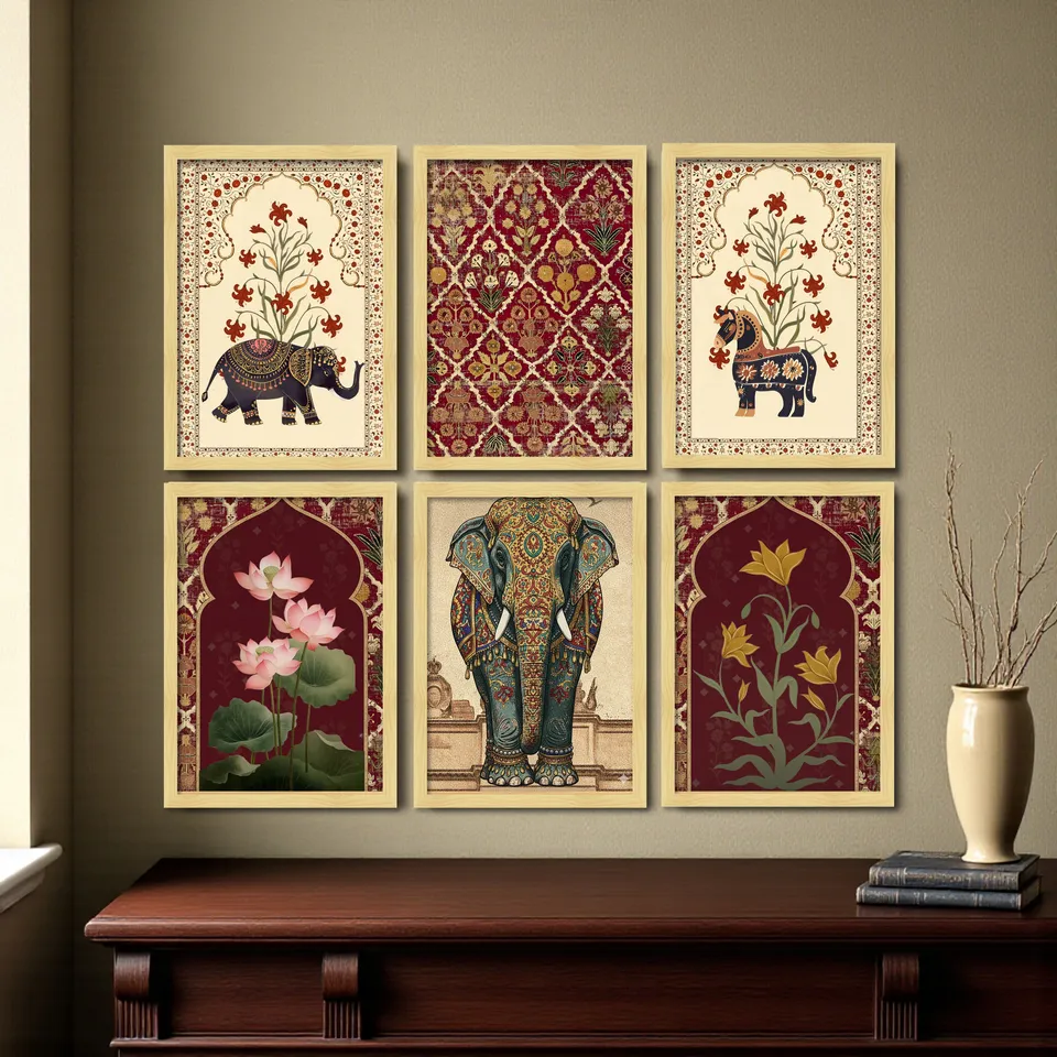 Elephant Motif Ethnic Paper Wall Painting Set With Frame - Set Of Six media 3