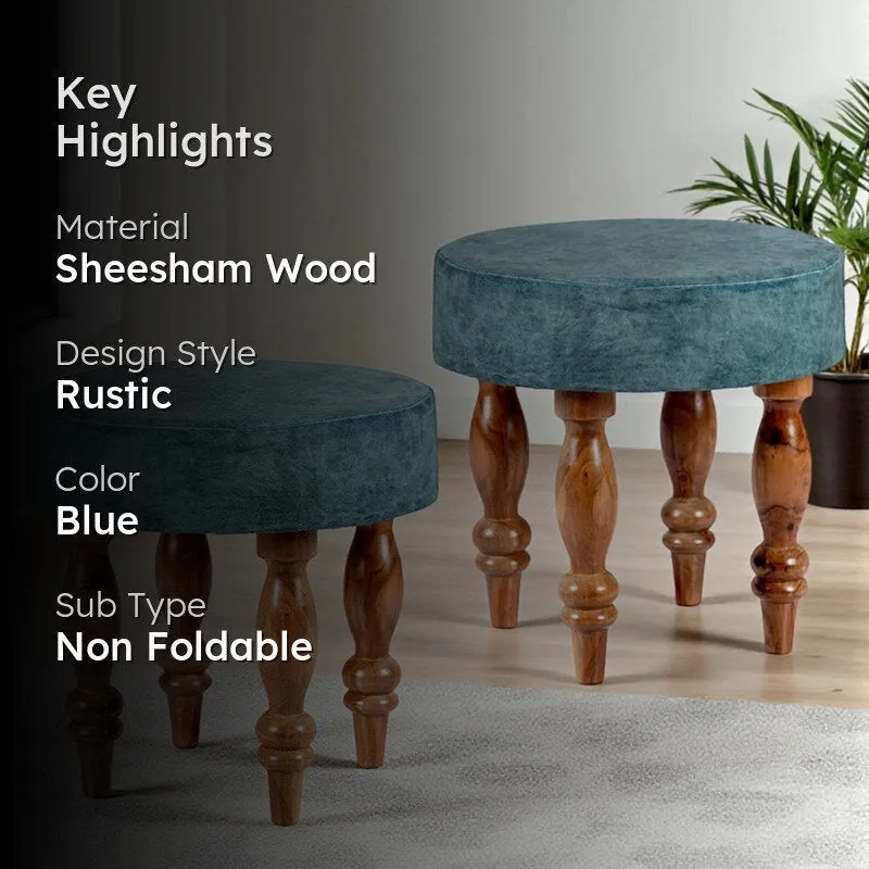 Qynex Sheesham Wooden Stools (Blue) - Set Of Two media 2