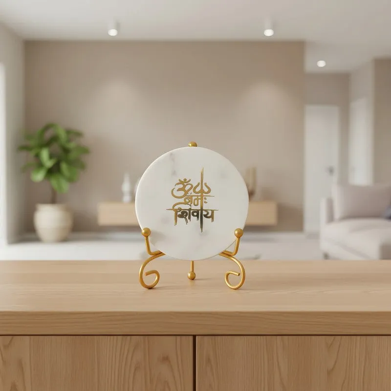 Om Namah Shivay Marble Showpiece With Stand - White media 4