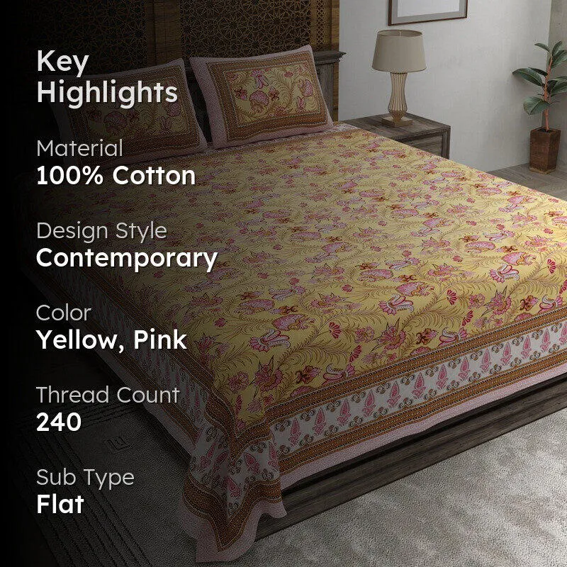 Bloomet Cotton Bedsheet (Yellow,Pink) - 240 TC media 2