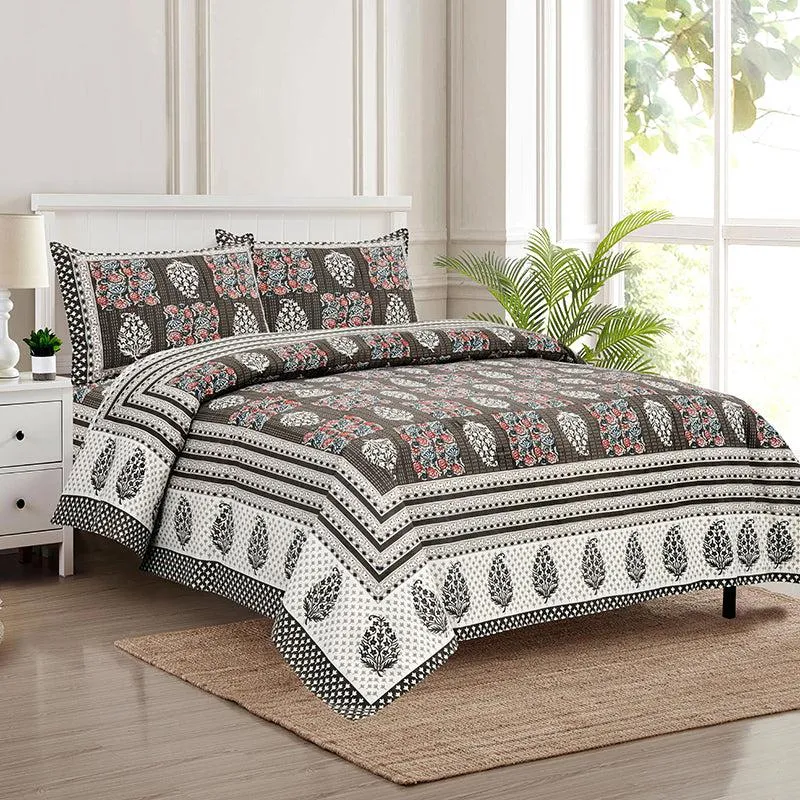Gulzar Heritage Floral Cotton Bedsheet (Grey & White) - 160 TC media 1