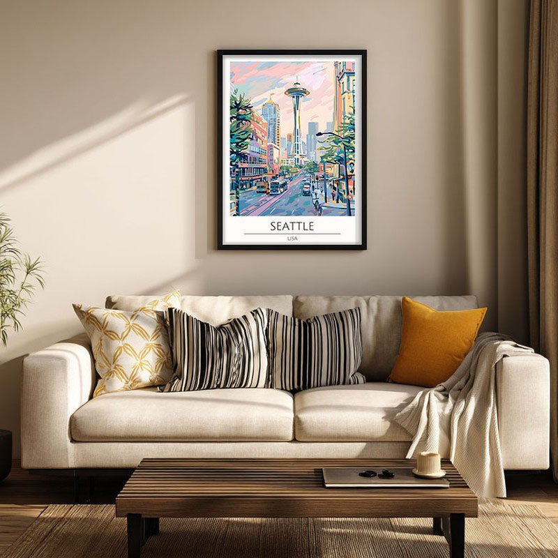Vintage Seattle Framed Canvas Wall Painting