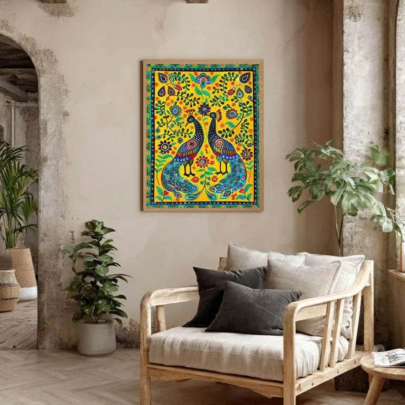 Colorful Peacock Folk Art Canvas Wall Painting With Brown Frame media 5