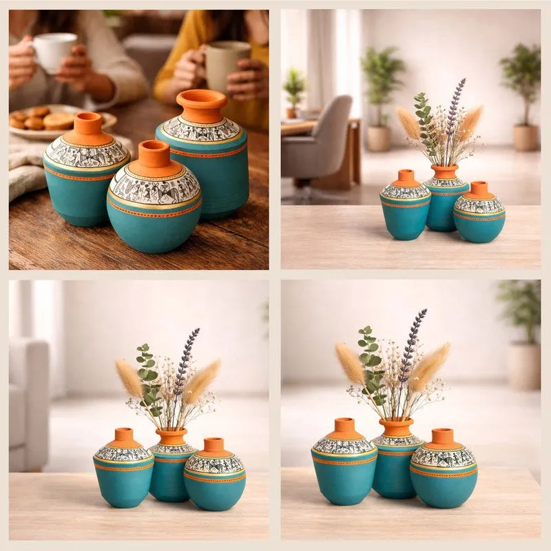 Aquaora Blue & Terracotta Artistic Vase - Set Of Three media 8
