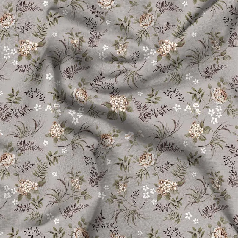 Close-up of grey floral bedsheet with leafy branches and cream flowers