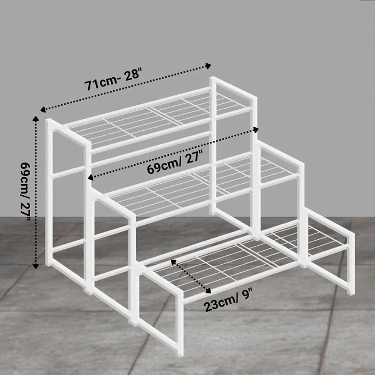White three-tier metal stand arranged with plants on tiled flooring