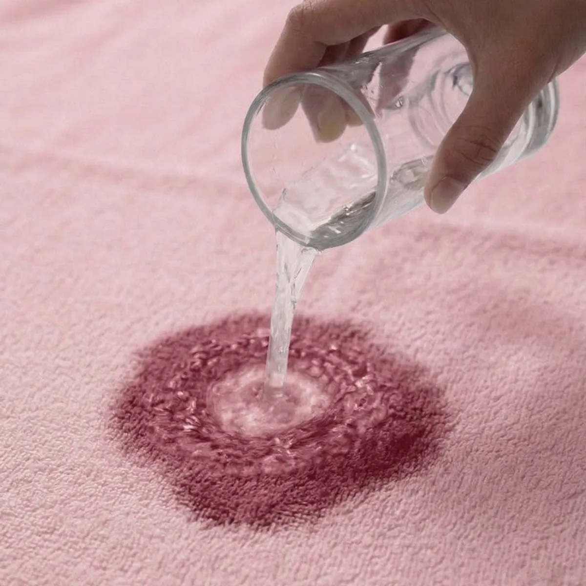 Water being poured onto the absorbent surface of a light pink towel