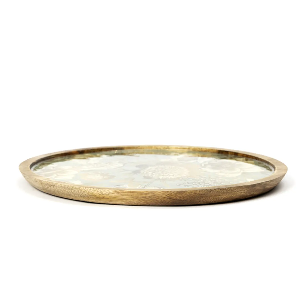 Side profile showing the shallow round platter and raised natural wood-effect edge