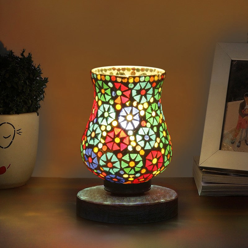 Candlea Mosaic Glass Table Lamp With Wooden Base - Multicolor