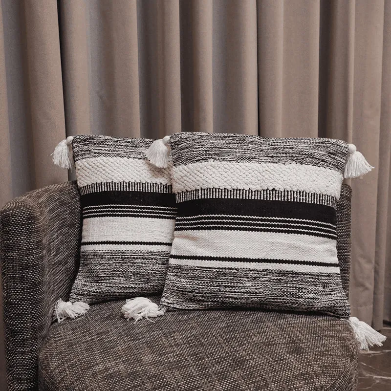 Striped Plush Tufted Cushion Cover ((Black & White)) - Set Of Two media 3