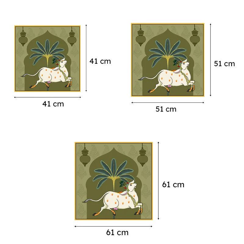 Cow In Banana Grove Canvas Wall Painting With Frame - Gold media 6