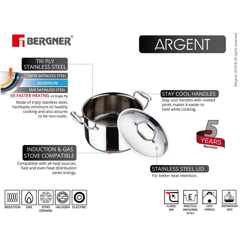 Bergner Argent Triply Casserole With Lid - 3100 ML media 4