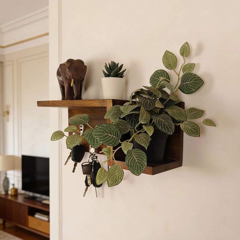 Verta Wooden Wall Shelf Organiser with Key Holders media 1