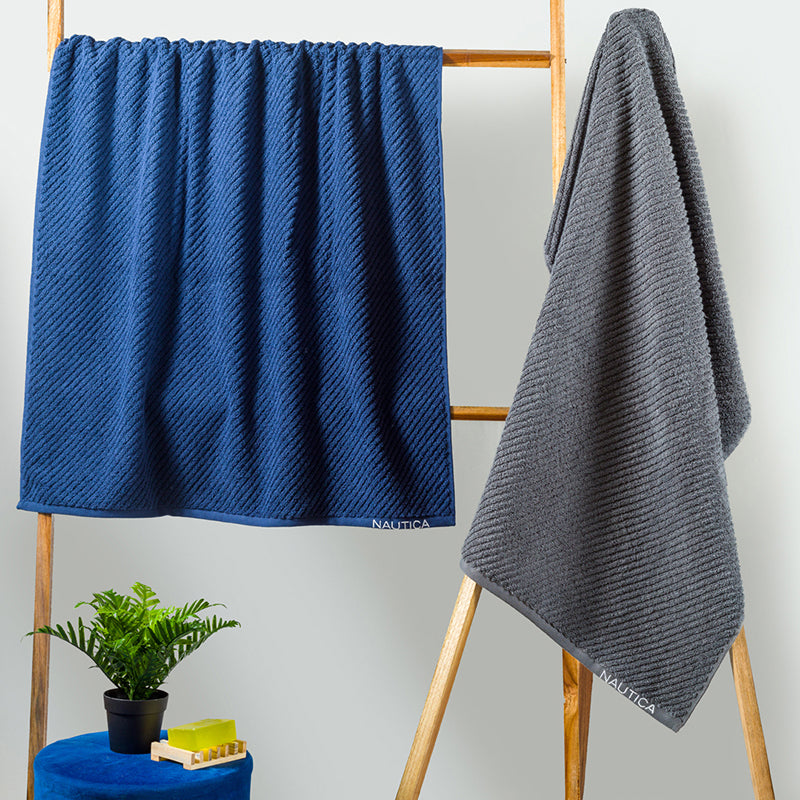 Nautica Riviera Soft Cotton Bath Towel (Navy Blue & Dark Grey) - Set Of Two - 75 x 150 cms