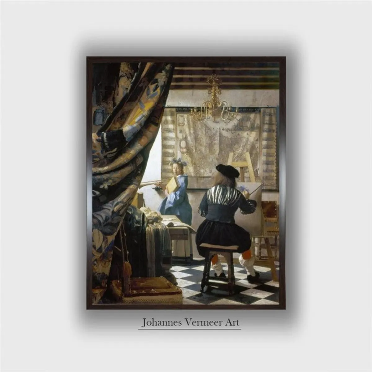 Framed studio scene artwork shown against a white background with Johannes Vermeer Art text