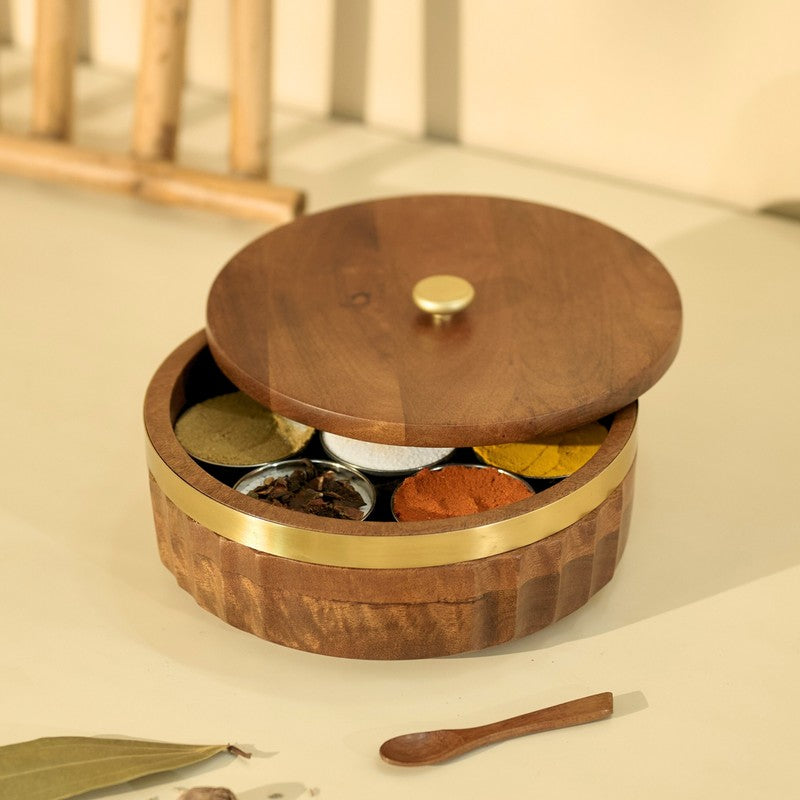 Zari Wooden Masala Box with 7 Containers - Nine Piece Set