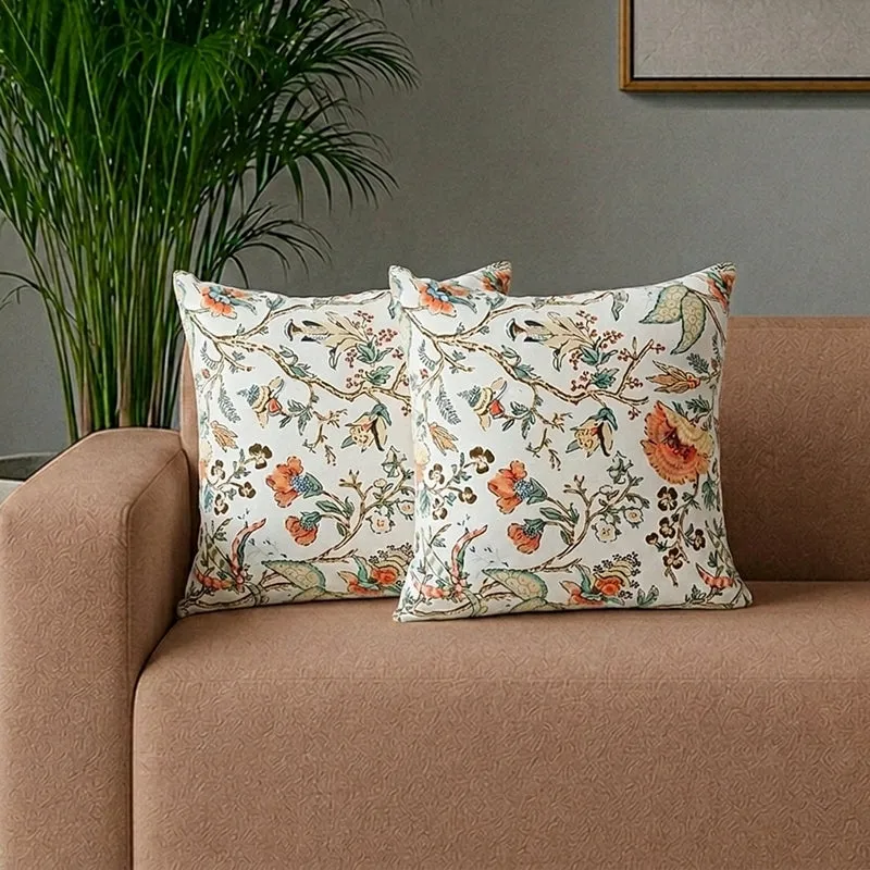 Lushlie Blooms Cotton Cushion Cover (Orange) - Set Of Two media 1