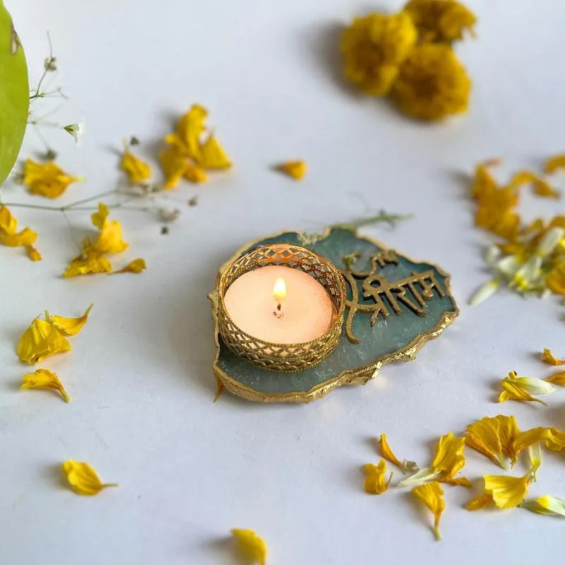 Jai Sri Ram Handcrafted Agate Tealight Candle Holder - Green media 1
