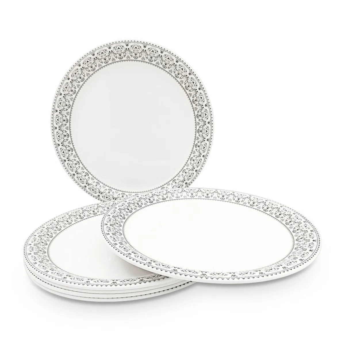 Six white quarter plates with ornate grey borders arranged in a layered stack