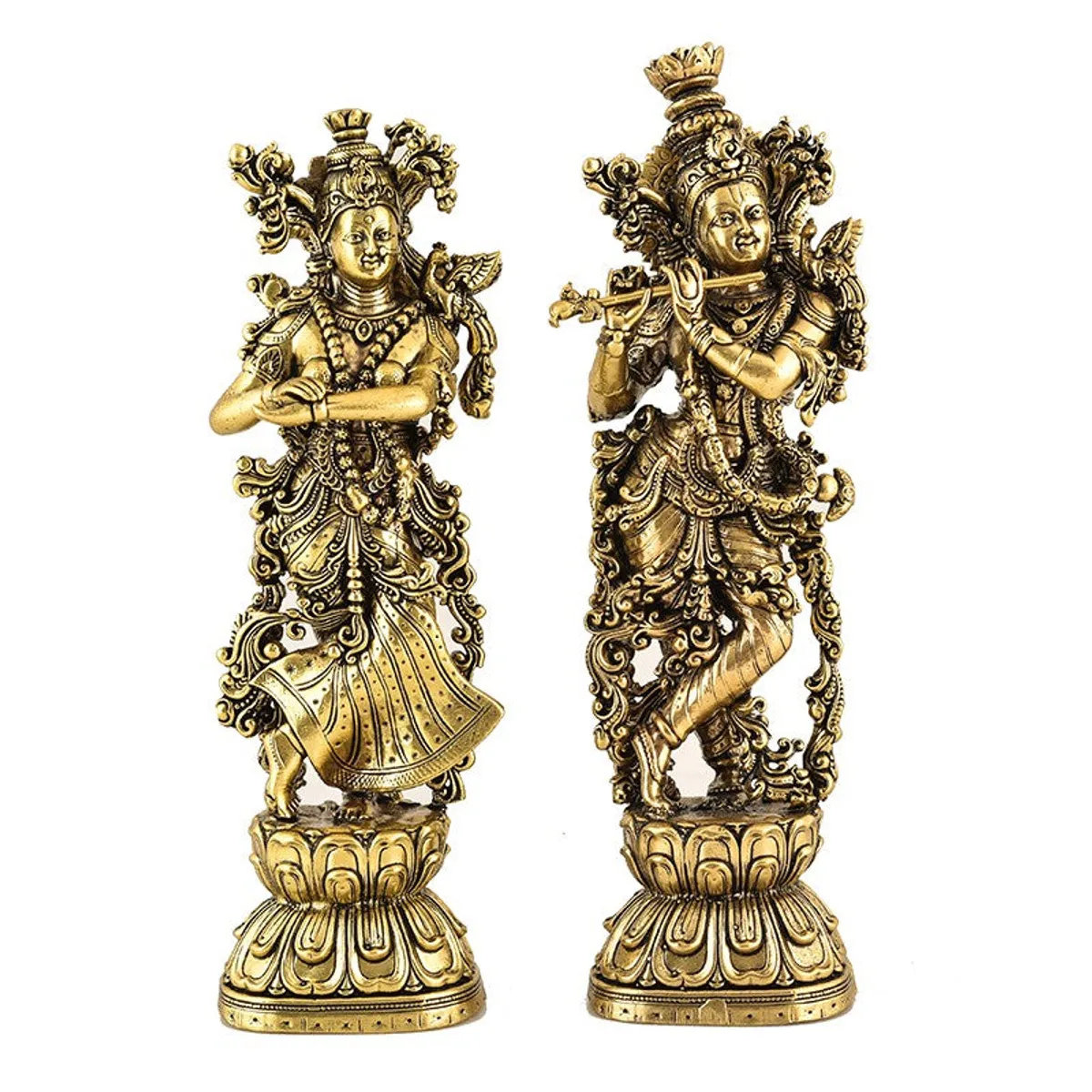 Front view of two detailed gold-toned Venugopala idols on decorative bases