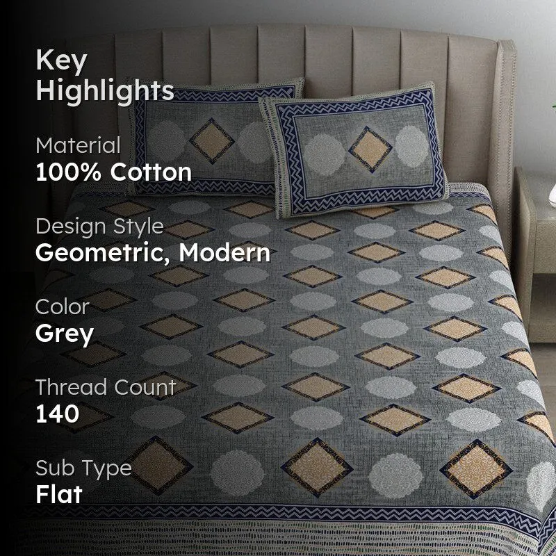Metro Matrix Geometric Cotton Bedsheet (Grey) - 140 TC media 2