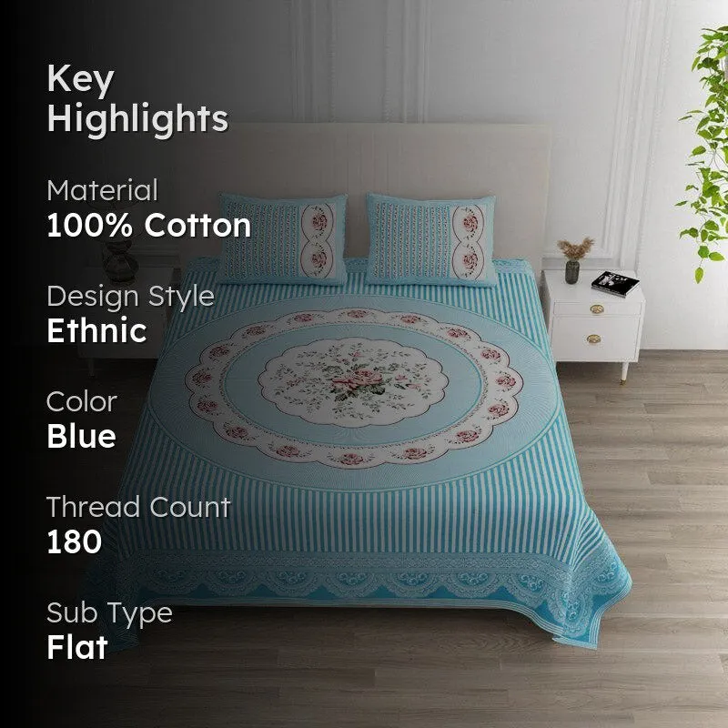 Magnus Floral Cotton Bedsheet (Blue) - 180 TC media 2