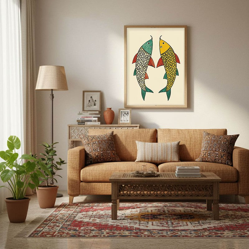 Twin Fish Folk Art Canvas Wall Painting With Brown Frame media 7