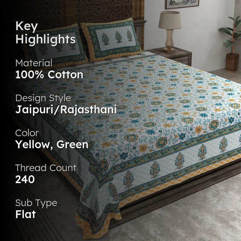 Gridon Cotton Bedsheet (Yellow,Green) - 240 TC media 2