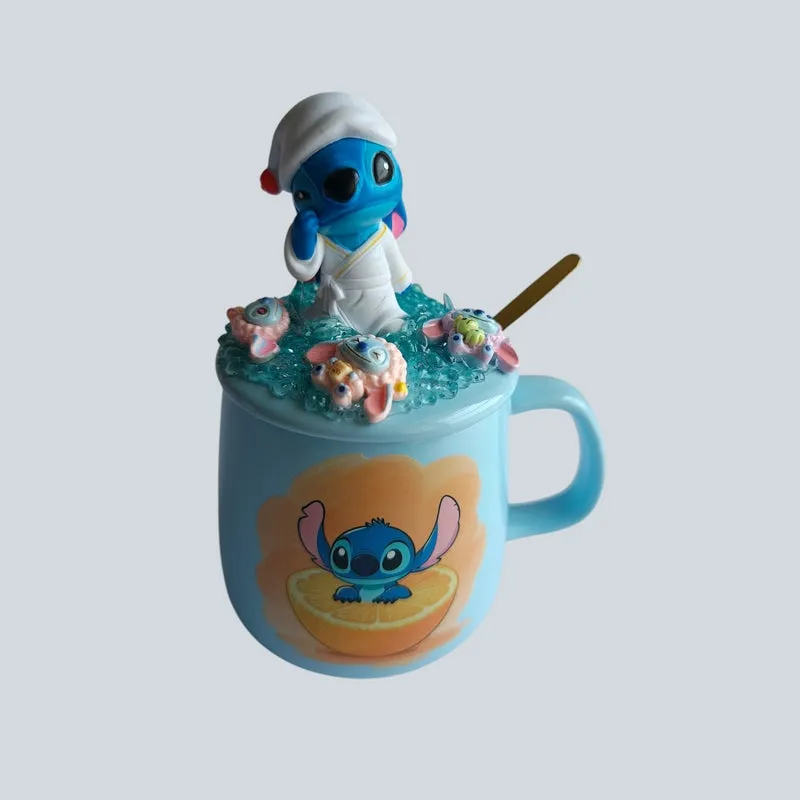 Blue Stitch citrus mug with detailed figurine lid and spoon