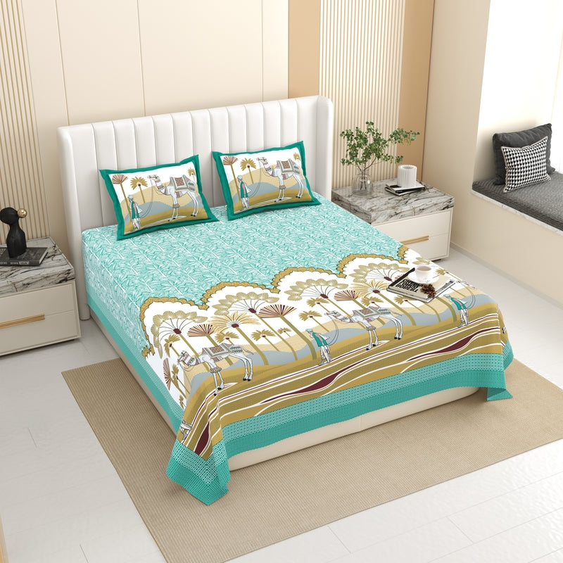 Rangriti Figure Print Cotton Bedsheet (Light Blue) - 120 TC - King