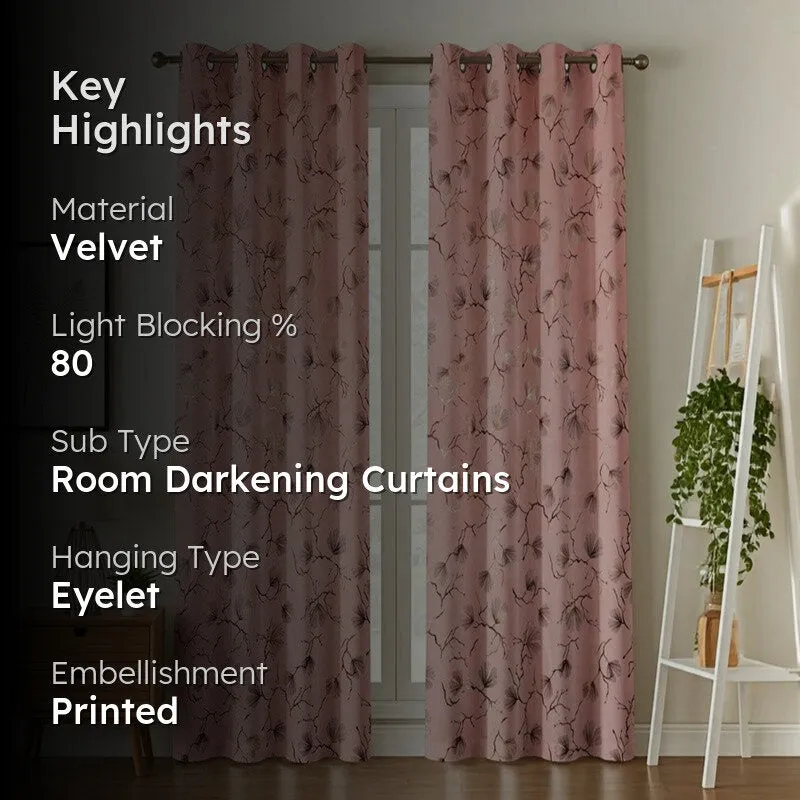 Soft Edge Printed Velvet Curtains (Pink,Gold) - Set Of Two media 2