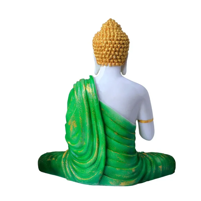 Rear view of Buddha idol showing green draped robe