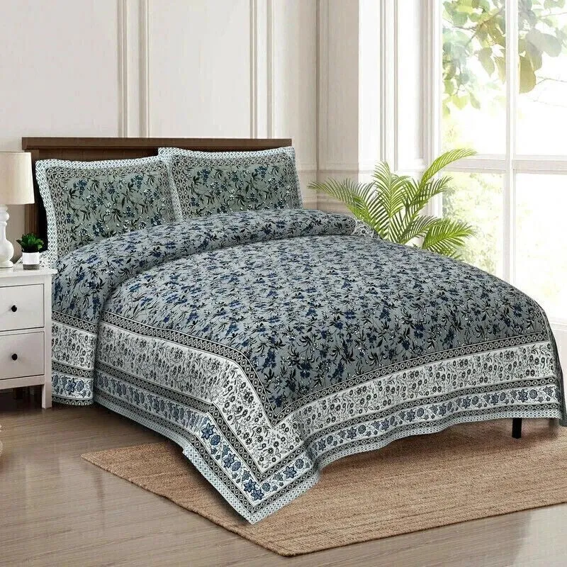 Florava Cotton Bedsheet (Grey,Blue) - 240 TC media 3