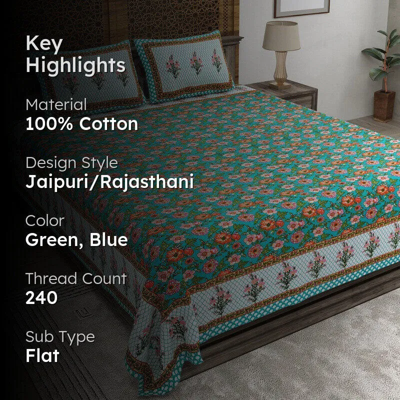 Bloomus Cotton Bedsheet (Green,Blue) - 240 TC media 2