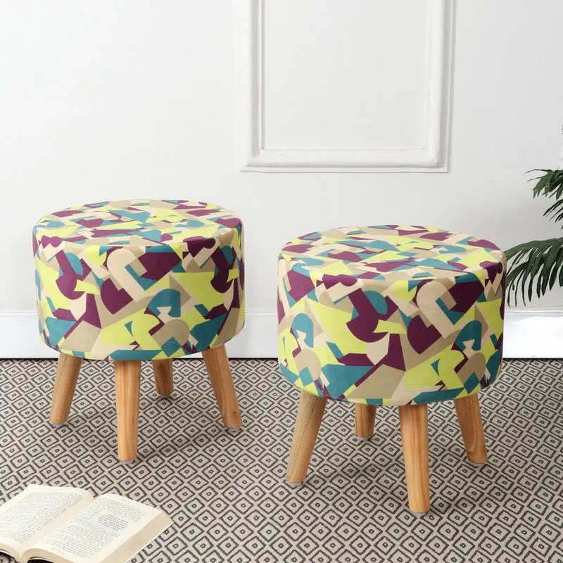 Mosiac Geometric Print Multicolor Engineered Wood Ottomans - Set Of Two media 1