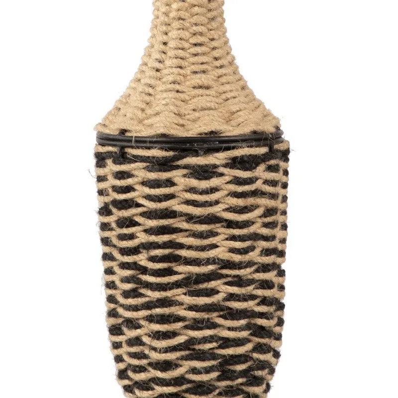 Close-up of the black and brown woven jute texture on the vase body