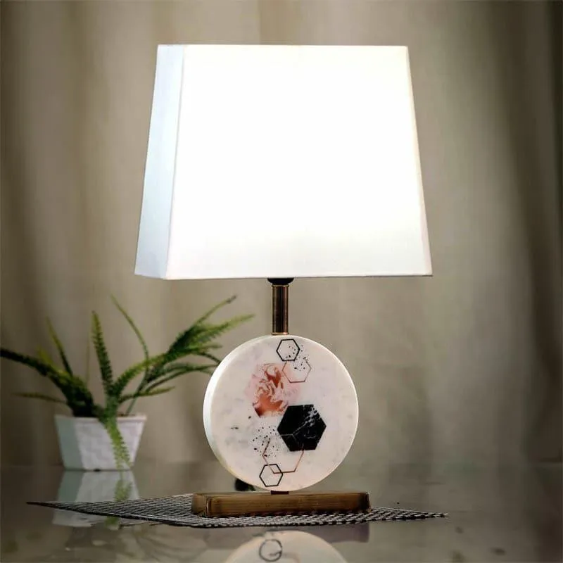 Hexa Marble & Brass Base Fabric Table Lamp - White media 1
