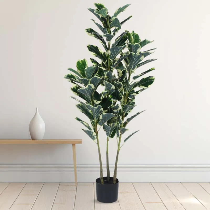 Faux Lush Variegated Fiddle Leaf Fig Plant With Black Plastic Pot - 5 Feet media 3