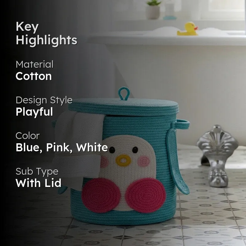 Blue penguin storage basket with key highlights overlay