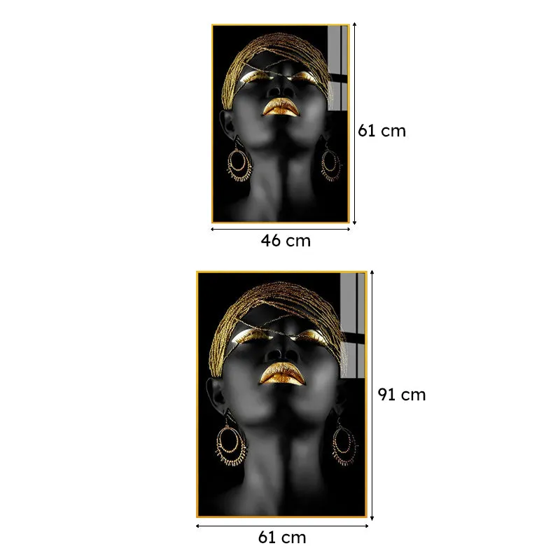 Size comparison image of the black and gold portrait wall art