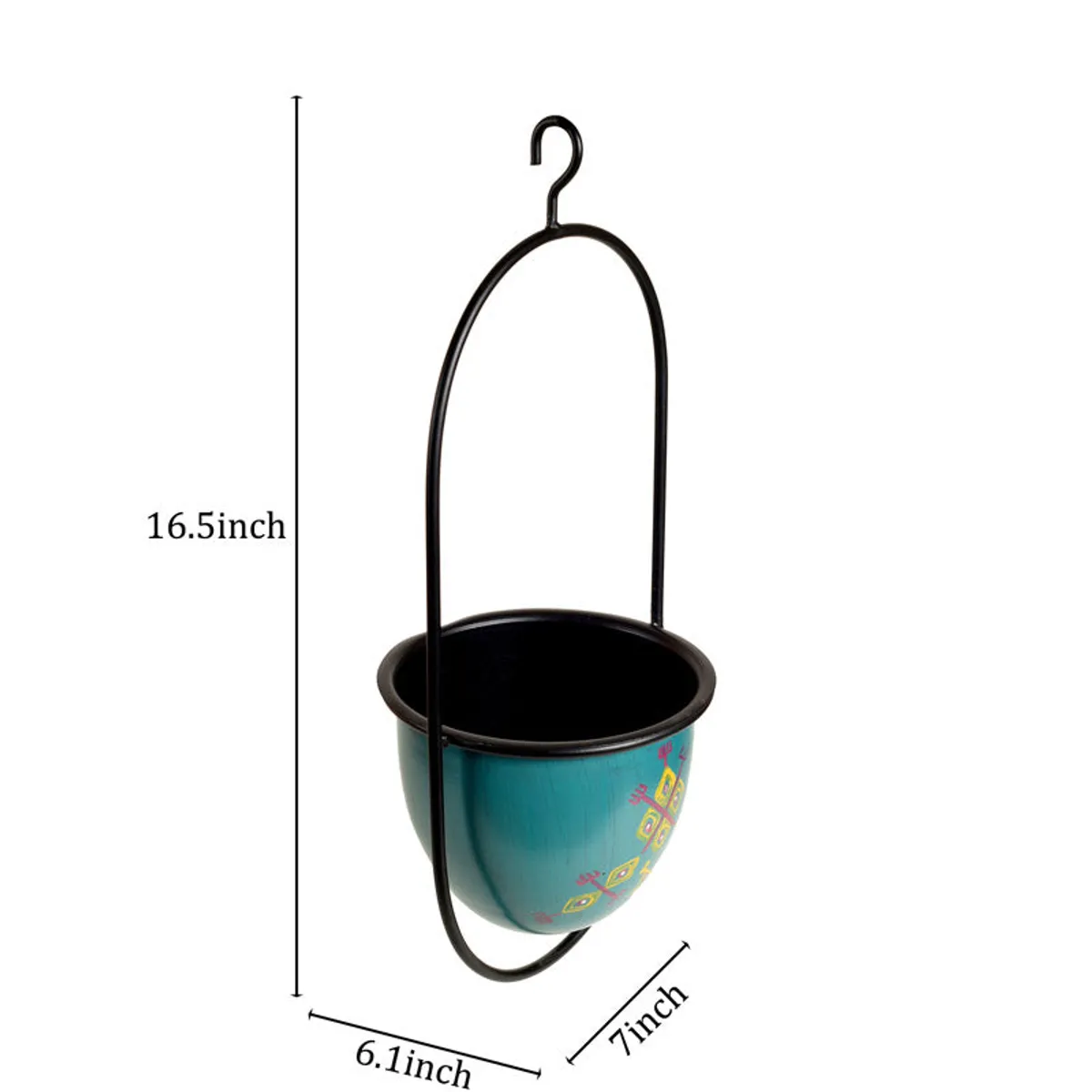 Blue hanging planter with black frame shown with dimensions
